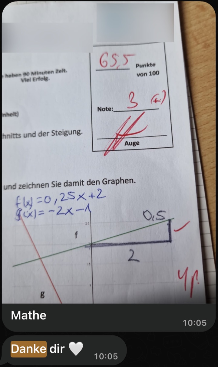 Foto einer Matheklassenarbeit mit der Note 3 plus und der Nachricht: Danke dir